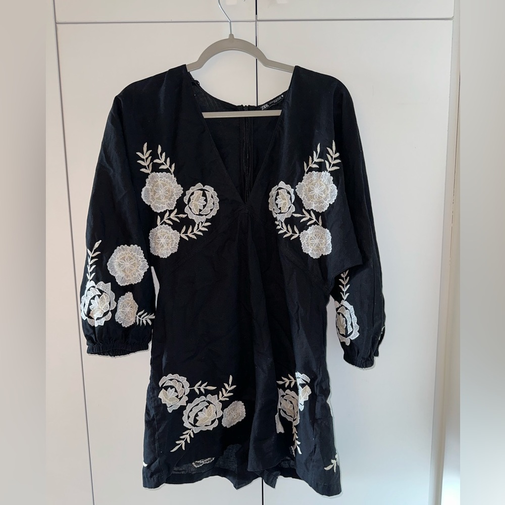 Zara Black Jumpsuit with White Floral Embroidery